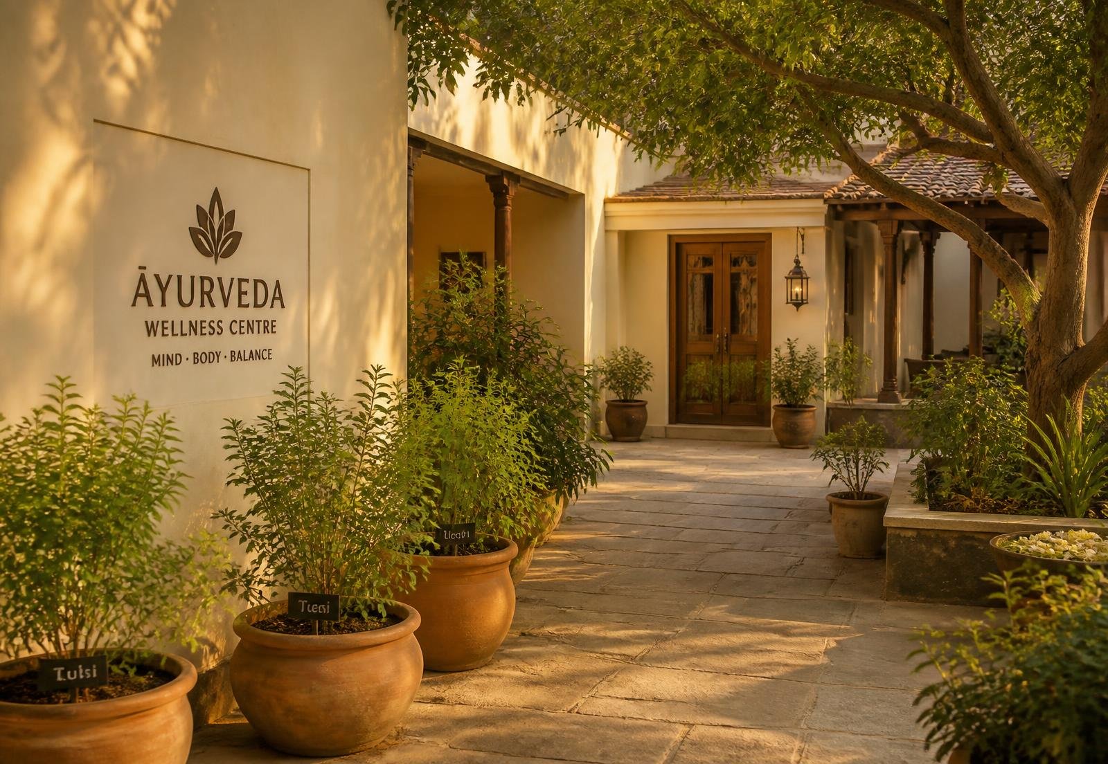 Courtyard of the Ayurvedic wellness centre with medicinal plants in terracotta pots