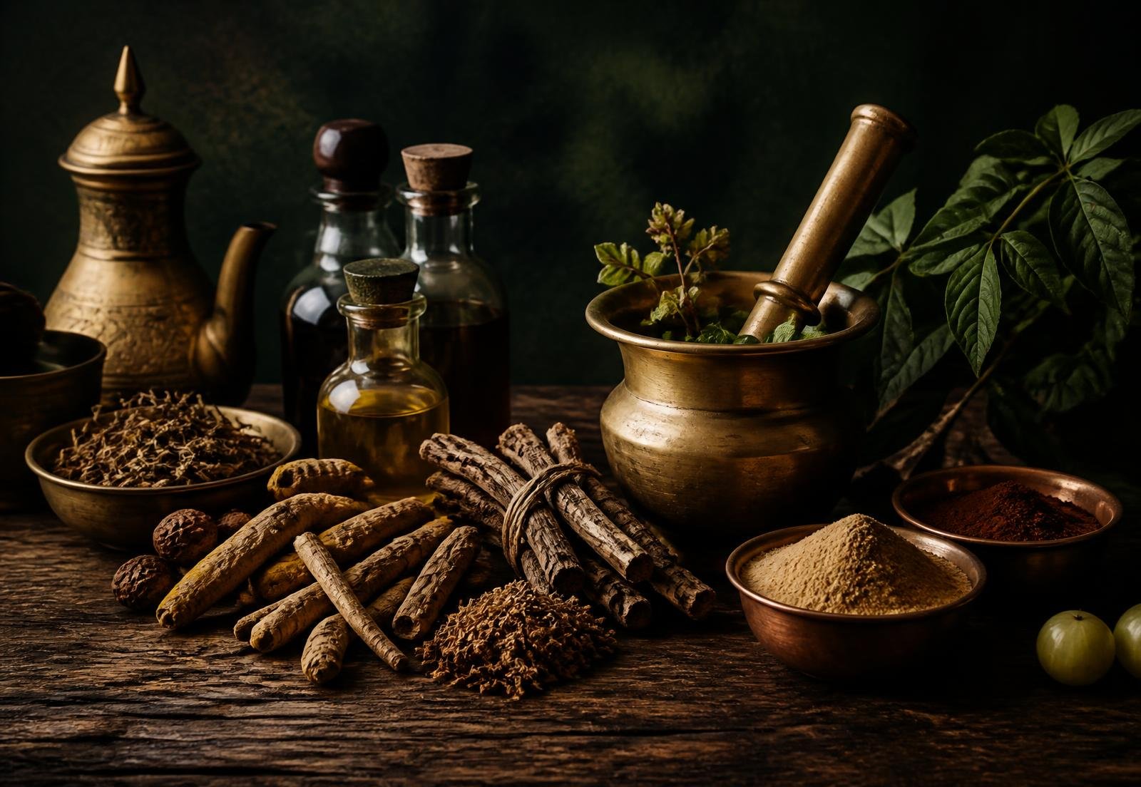 Traditional Ayurvedic herbs, roots and brass vessels arranged on dark wood
